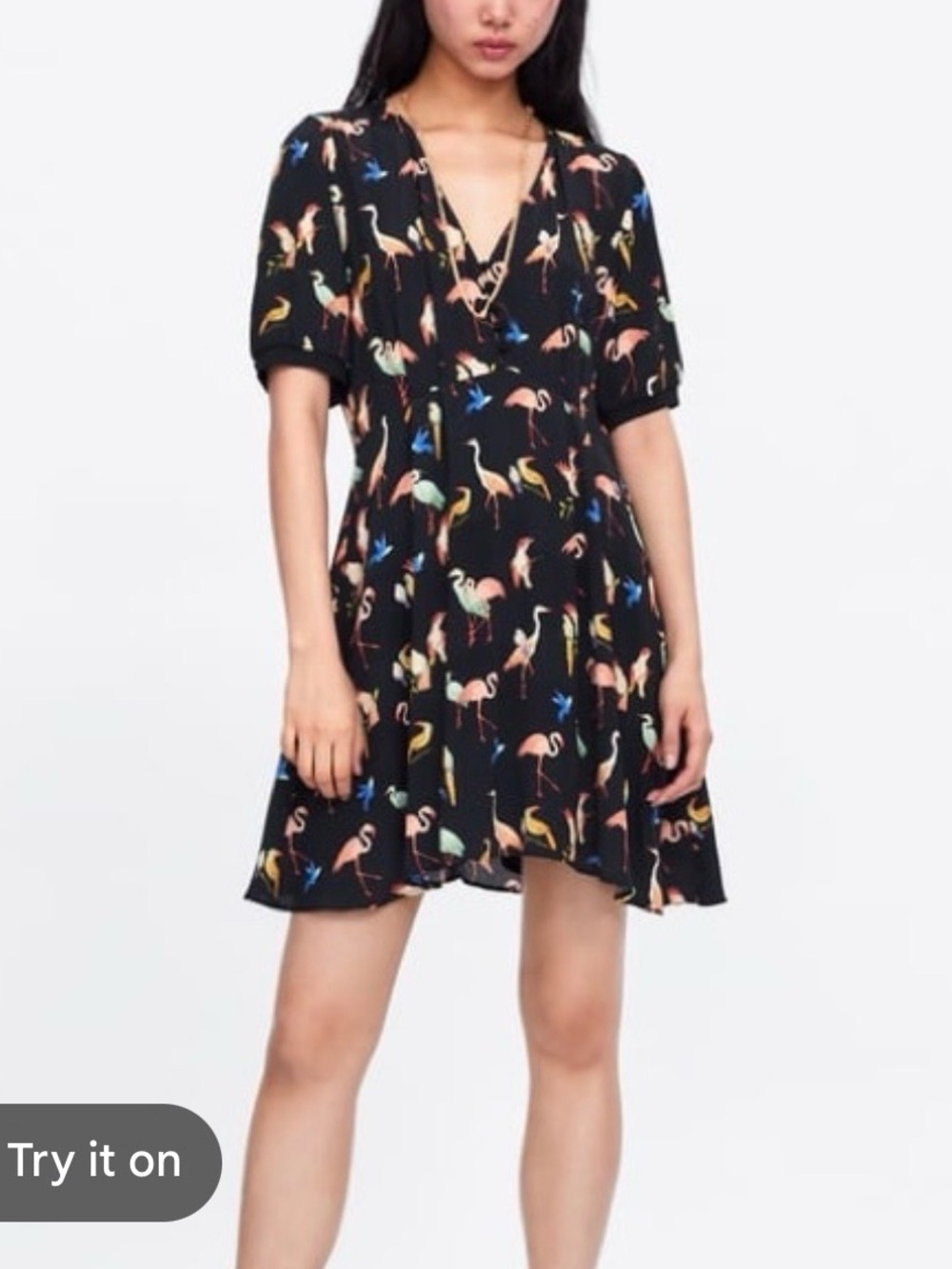Zara Black Mini Dress with Multicolor Bird Print